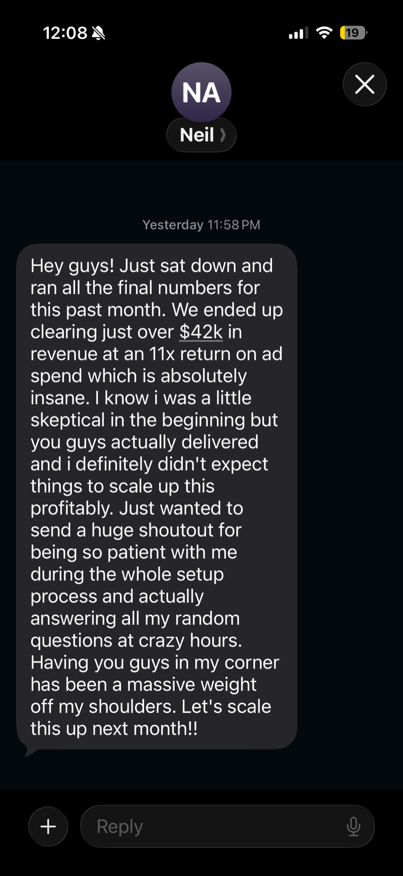 Text message from Neil describing $42k in revenue at an 11x return on ad spend